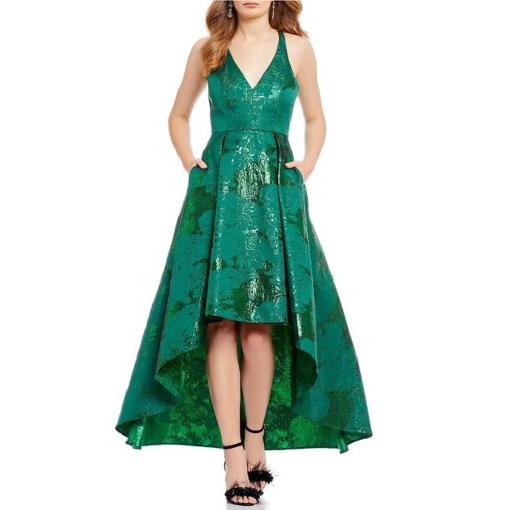Belle Badgley Mischka Dress 0 Green Metallic Jacquard High Low Formal Gown